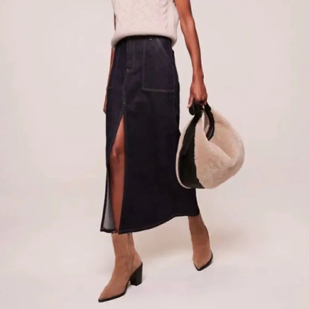 Mint Velvet Split Front Dark Blue Denim Midi Skirt in Size US 6